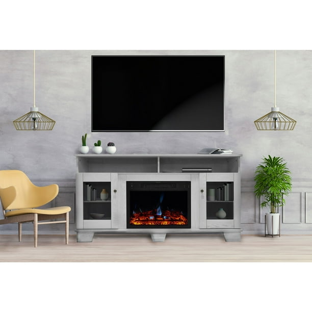 Cambridge Savona Electric Fireplace Heater with 59In. White TV Stand