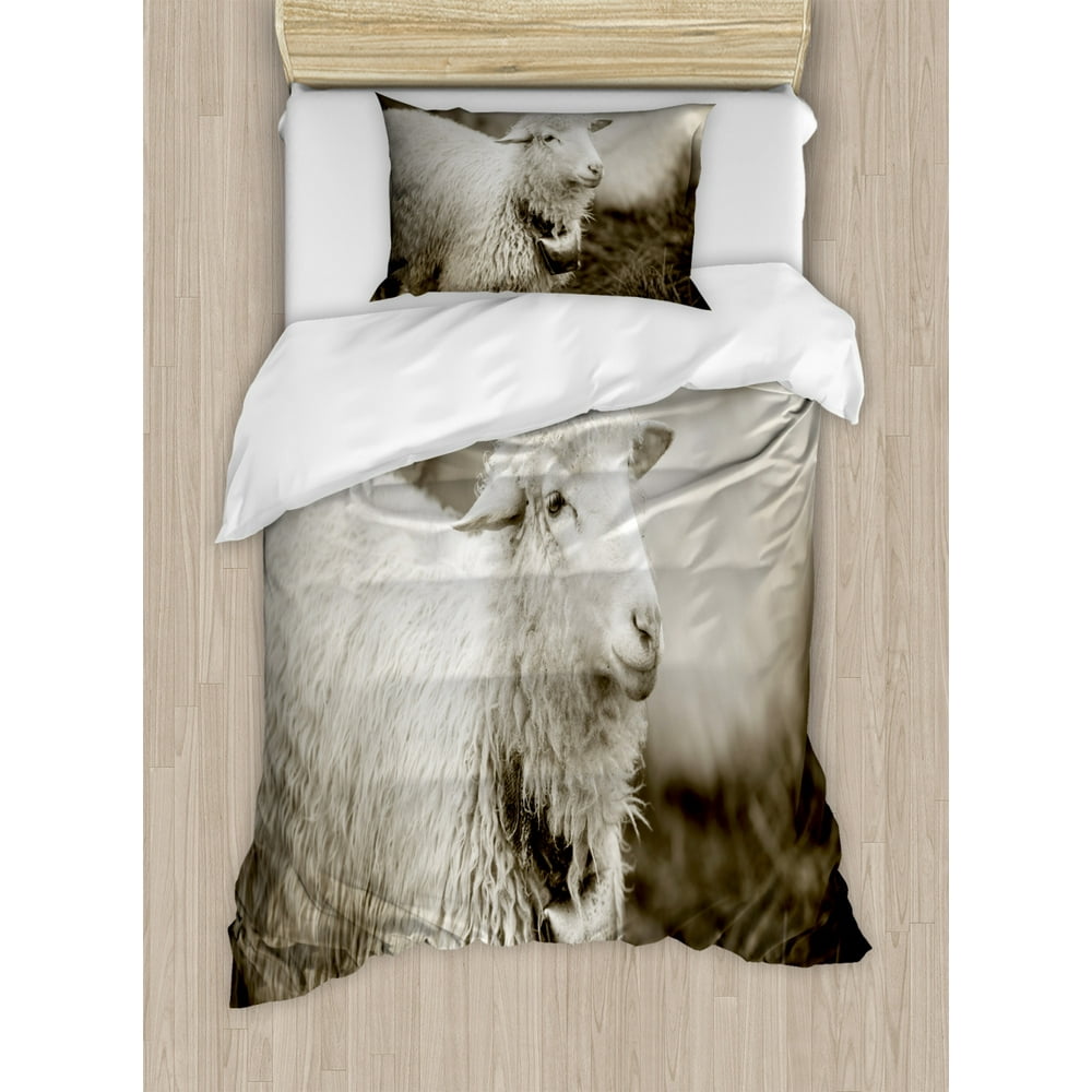 Sheep Duvet Cover Set Twin Size, Fluffy Wooly Sheep with a Bell in the Wild Pastures and