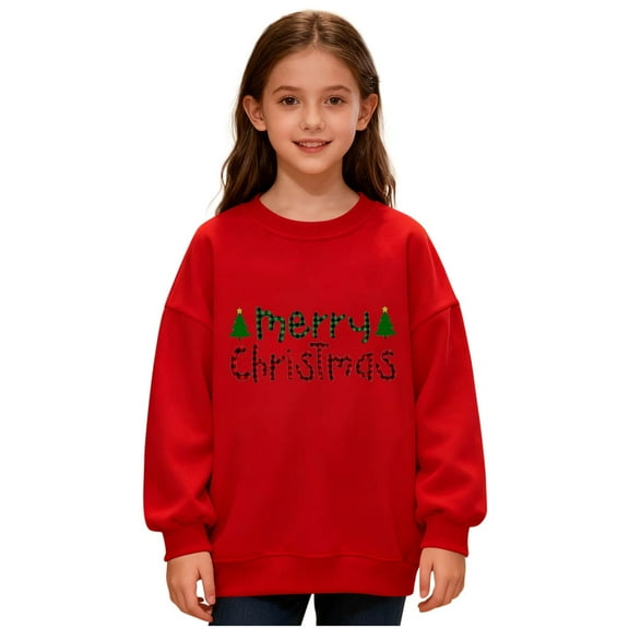 Big Kids' Christmas Sweatshirt Boys Girls Merry Christmas Tree Printed Crew Neck Pullover Long Sleeve Top, Festive Wear 2-14Y