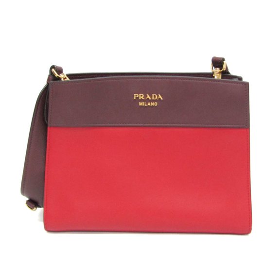 Pre-Owned Prada Bibliothque 1BC034 Women's Leather Shoulder Bag Red Color,Wine
