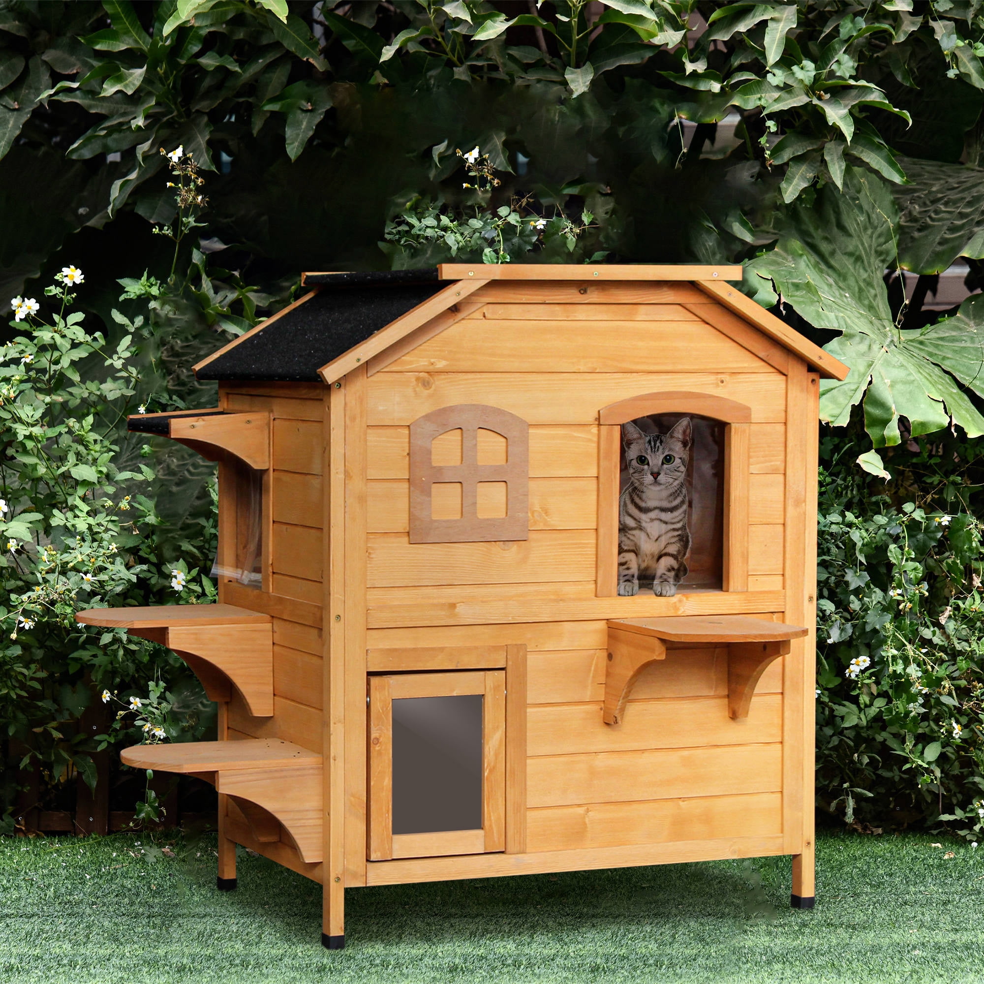 Noaman PawHut 2-Story Outdoor Cat House, Weatherproof Wooden Cat Enclosure for Feral Cats with Escape Door, Openable Roof, Jumping Platforms, Natural Wood, 35"L x 29.1"W x 6.2"H, 37lbs