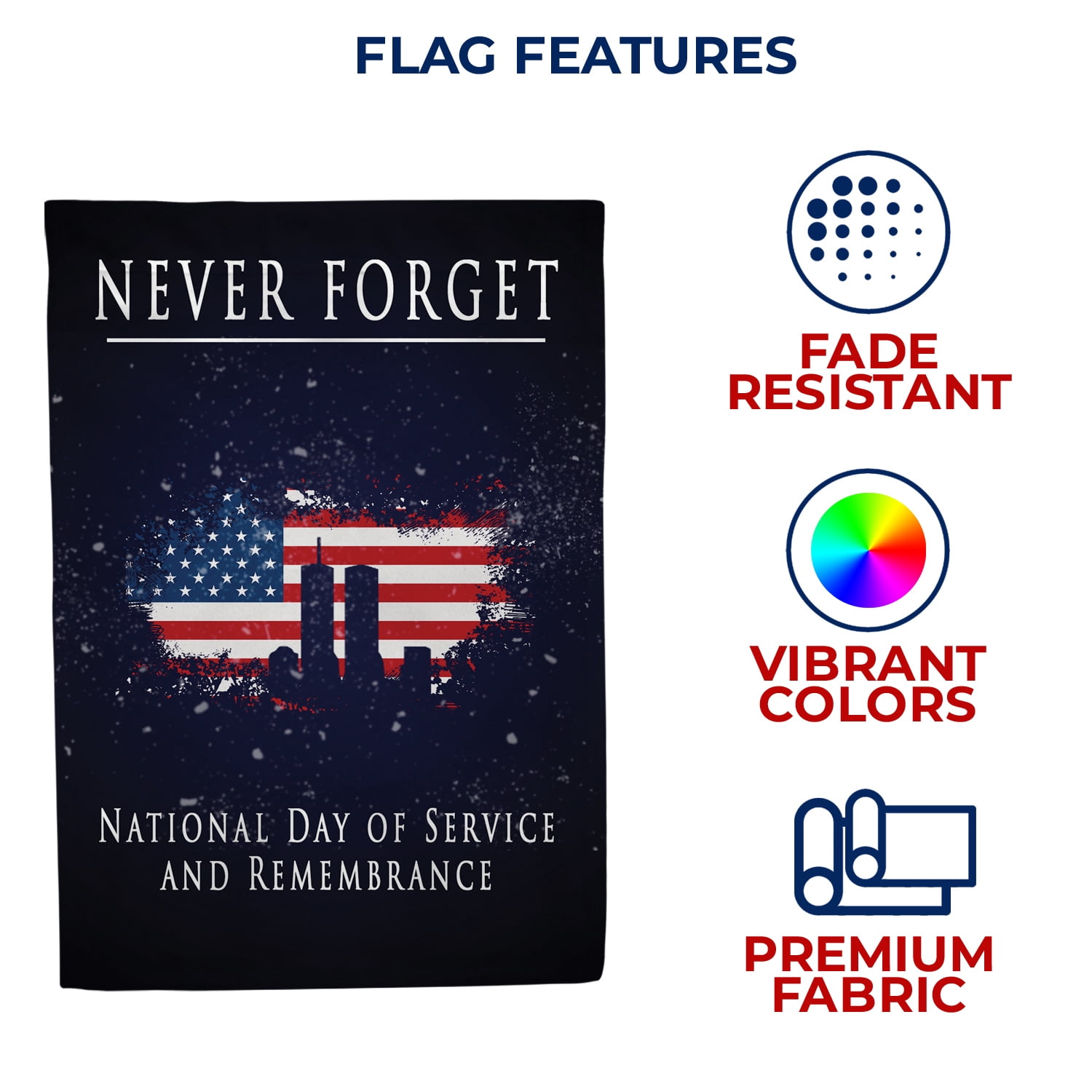 America Forever Never Forget House Flag, 28 x 40 inch Double Sided, 9/11 Memorial Patriotic Flag, National Day of Service and Remembrance, Twin Towers American Flag Yard Decor