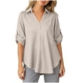 thumbnail image 3 of Vivianyo HD Women's Lace Detail Roll Tab Sleeve Blouse, V-Neck Casual Shirt for Women, Women's Beige, Sizes S-4XL, 3 of 8