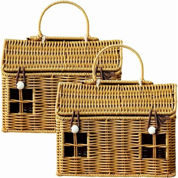 House-Shaped Wicker Basket with Lid - Handwoven Rattan Storage Basket for Home Decor, Kids Picnic, Organizer | Decorative Brown Woven Gift Box, Versatile for Toys, Wall Hanging (2PCS)