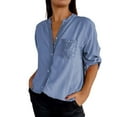 thumbnail image 2 of Blue Women Shirts, Women'S Casual V Neck Collared Button Up Blouse Top Solid Summer Shirt,Women Shirts L, 2 of 4