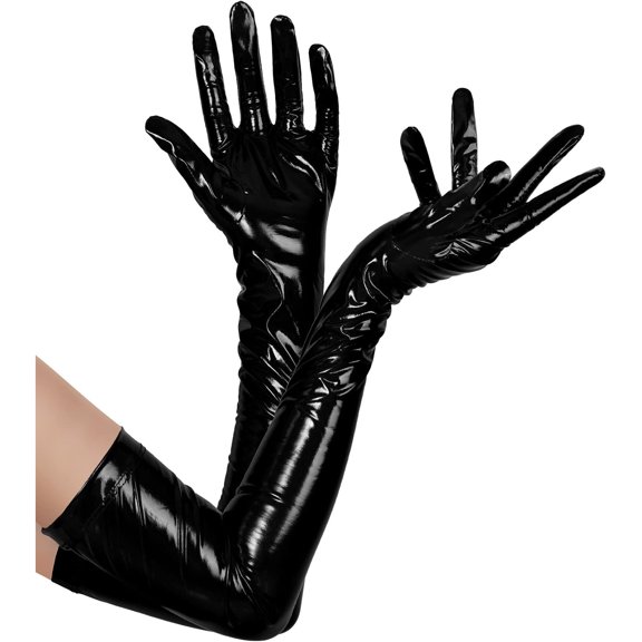 XIRQI Long Leather Gloves for Women Patent long shiny black gloves