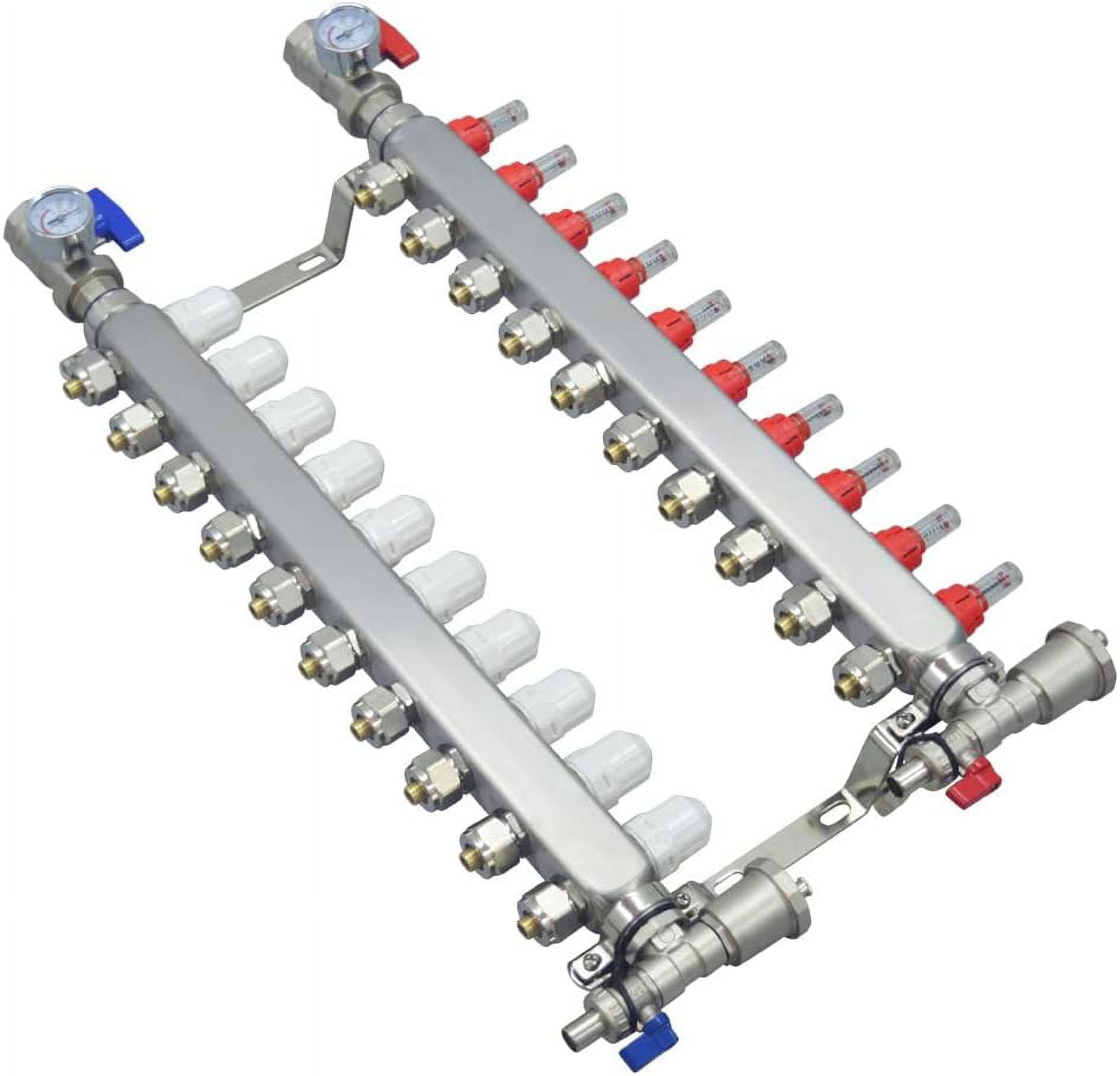 PreAsion Stainless Steel 10-Branch PEX Radiant Floor Heating Manifold Set with Flow Meters 2-12 Loop