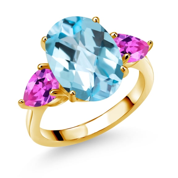 18K Yellow Gold Plated Silver Sky Blue Topaz and Pink Created Sapphire Ring for Women (9.20 Cttw, 14X10MM Oval Checkerboard and 7X5MM Pear Shape, Gemstone November Birthstone, in Size 5, 6, 7, 8, 9)
