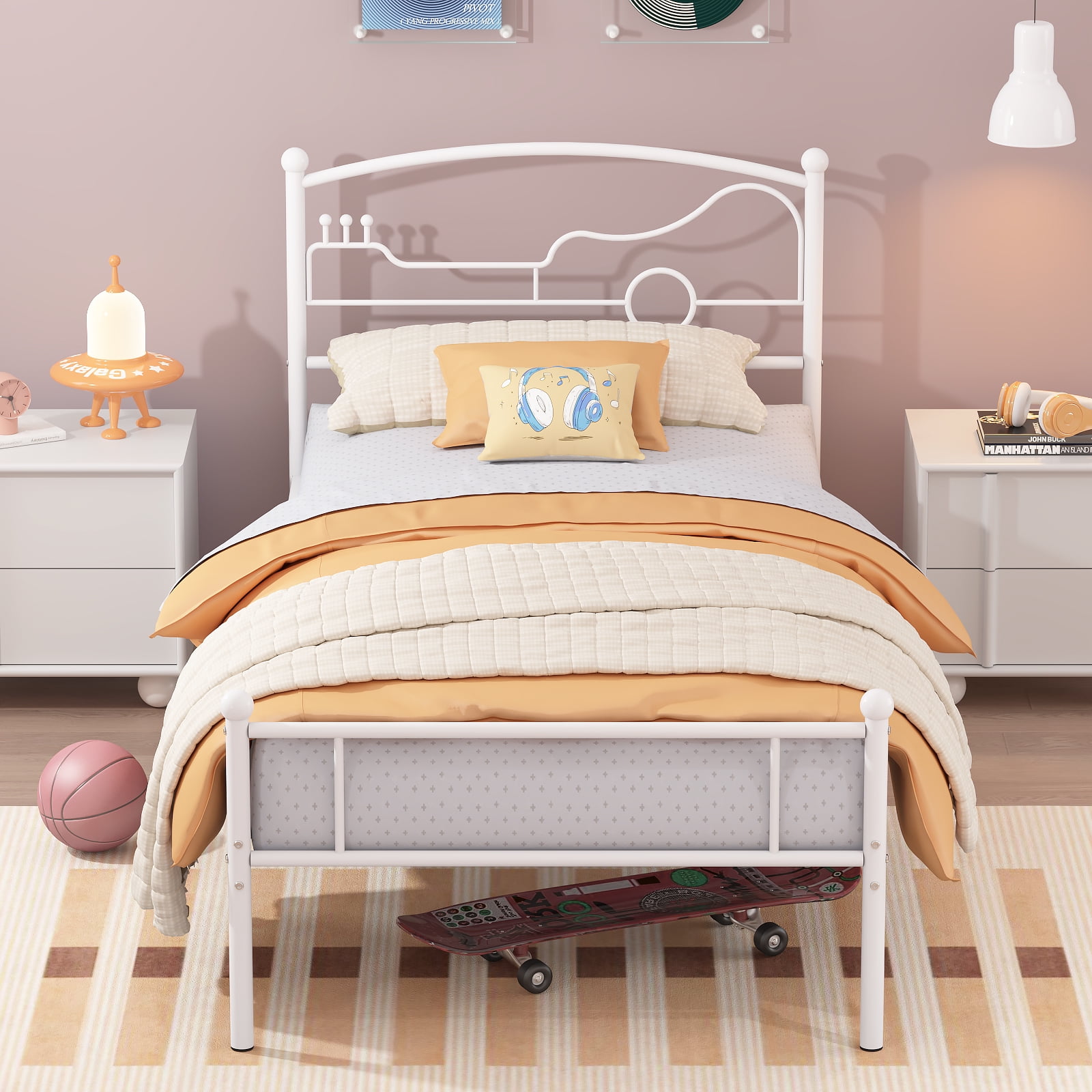 Yoneston Twin Size Platform Bed with Guitar Headboard Heavy Duty Metal Bed Frame for Boys Kids Teens Bedroom Furniture, White