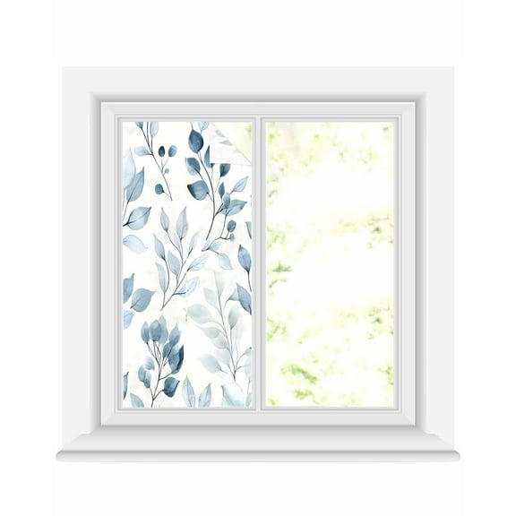 Window Privacy Film Blue Botanical Stained Glass Window Film Decorative Sun Block Window Cover Spring Summer Leaves Elegant Window Clings Static Adhesive Sticker for Bathroom 17.7"x39.3"