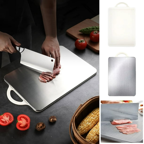 Tabla de cortar de acero inoxidable - tabla de cortar de cocina 304 de grado alimentario para carne, verduras, fruta - aptable para lavavajillas y colgable - 32,5x23cm