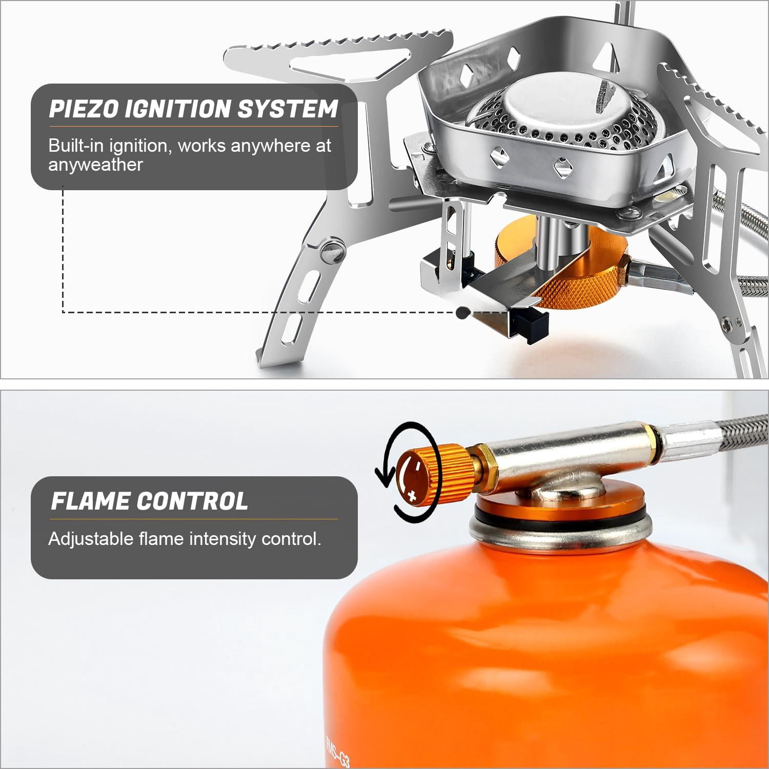 3500w/6800w Windproof Camp Stove Camping Gas With Windscreen  Canister Adapter Piezo Ignition For Outdoor Backpacking Hiking And Picnic