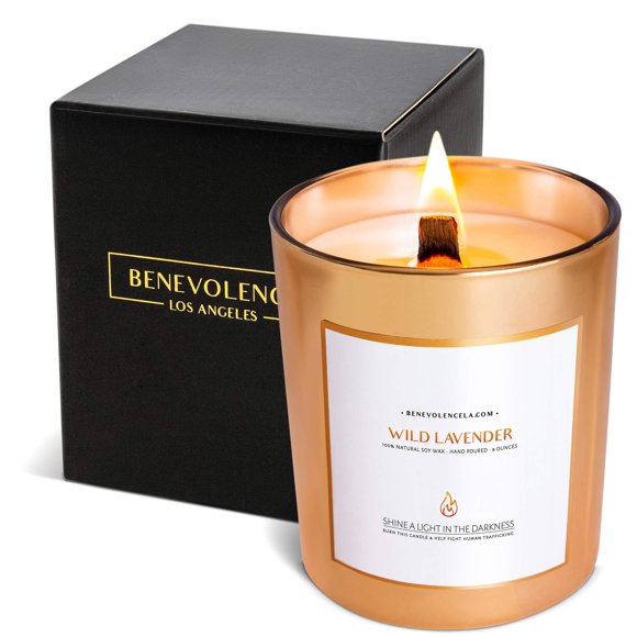 Benevolence LA Wild Lavender Wood Wick Candles | Soy Candles, Black Candle for Home | Gifts for Women and Men | Home Fragrance | Aromatherapy | Shelf Decor, Bathroom Freshener | 8oz, 45 Hour Burn