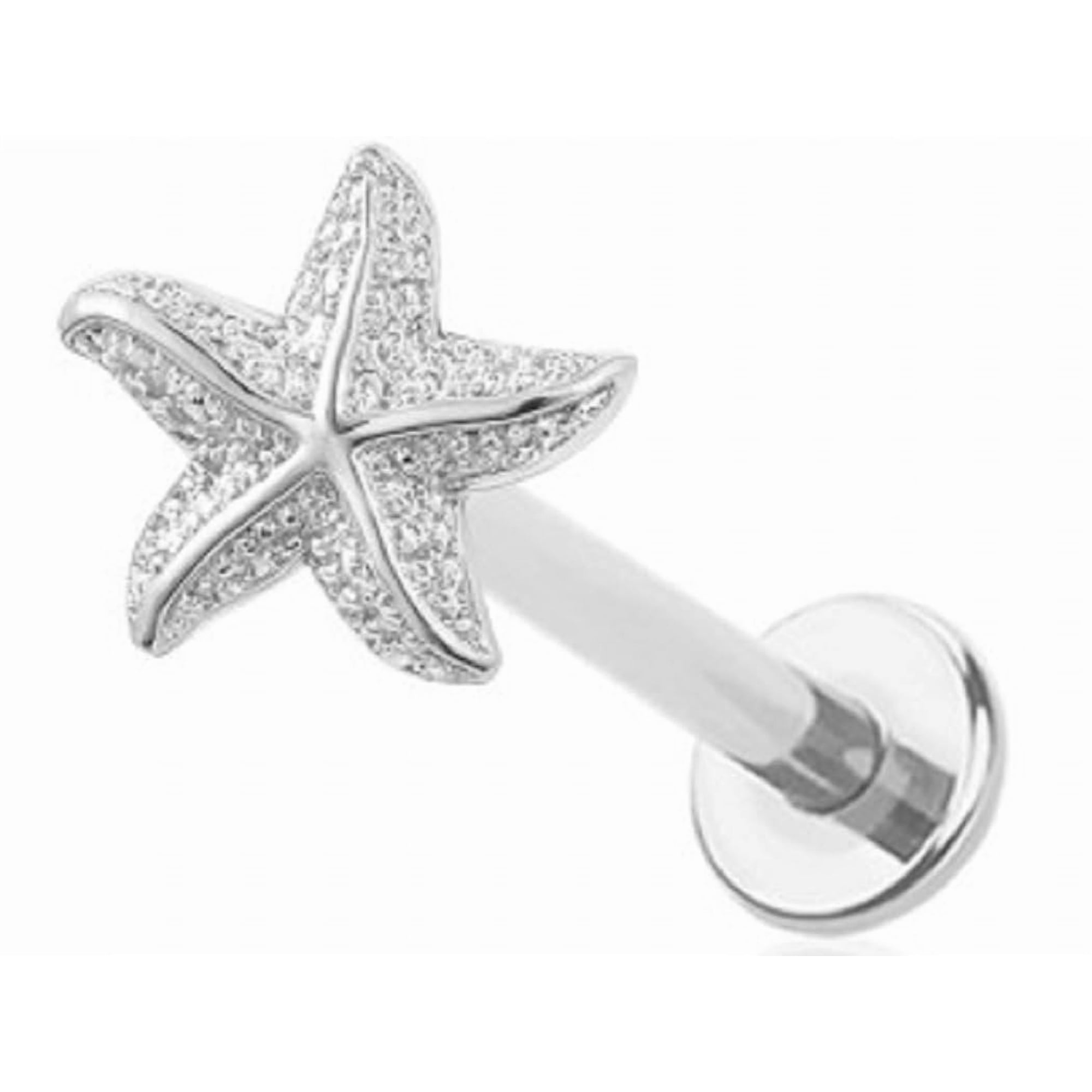 Body Accentz Crystal Starfish Labret Stud, 316L Surgical Steel, 18GA 1.0MM, 5/16 inch, Silver
