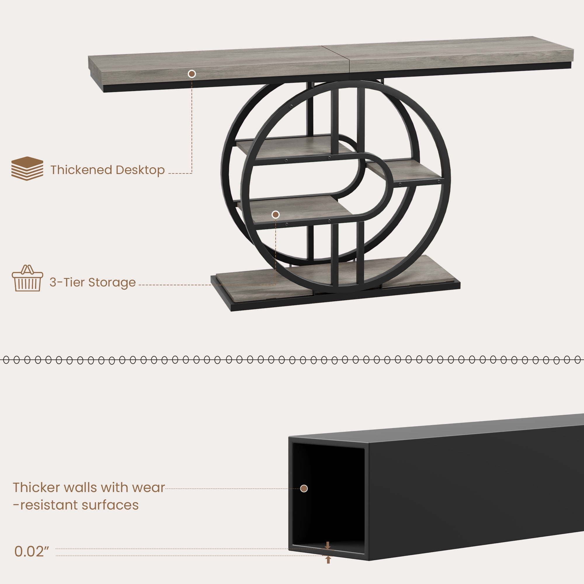Console Table 55 Inch, Sofa Table with 3-Tier Storage Shelves and O-Shaped Metal Frame, Narrow Entryway Table for Dining Room, Hallway & Living Room