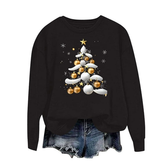 Cmfcve Women's Cute Xmas Sweatshirt Plus Size Christmas Tree Print Pullover Long Sleeve Crew Neck Holiday Base Apparel