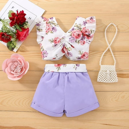 

dmqupv Girl Outfits Size 6x Toddler Girls Sleeveless Floral Prints Ruffles Vest Tops And Shorts Outfits Crop Top Pants Purple 3-4 Years