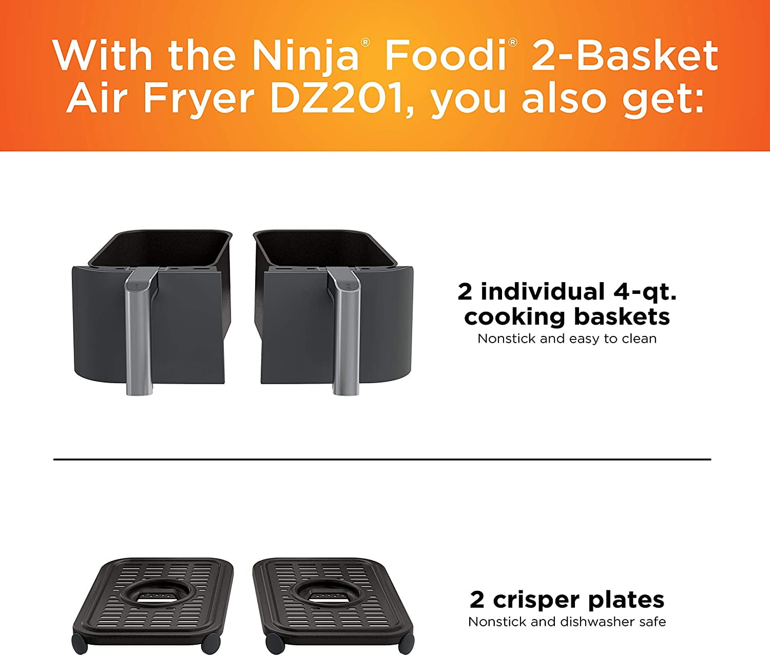  Ninja DZ201 Foodi 8 Quart 6-in-1 DualZone 2-Basket Air Fryer  with 2 Independent Frying Baskets, Match Cook & Smart Finish to Roast,  Broil, Dehydrate & More for Quick, Easy Meals, Grey 