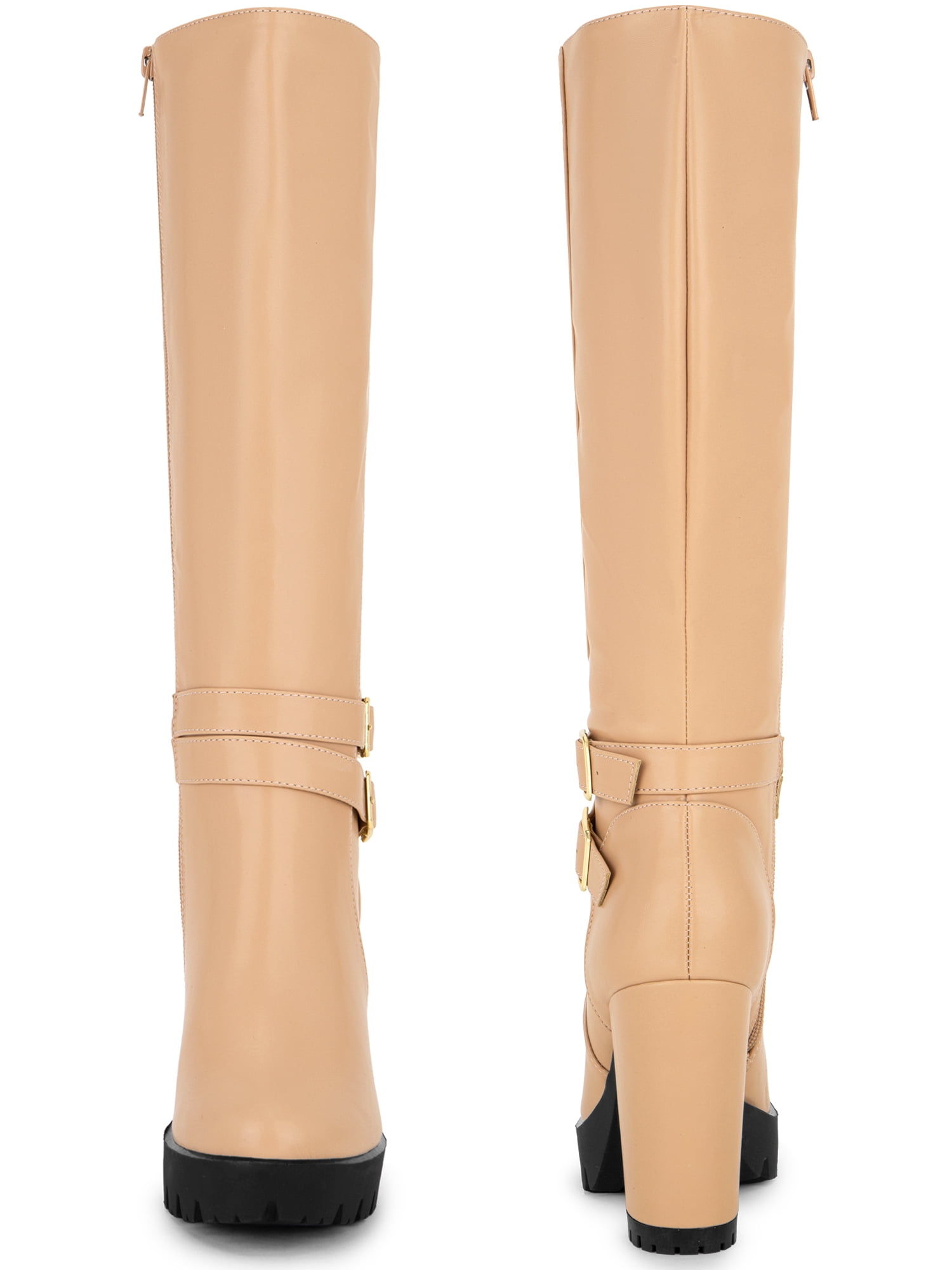 DARING DIVA Women's Round Toe Platform Chunky Heels Knee High Boots Nude 6.5