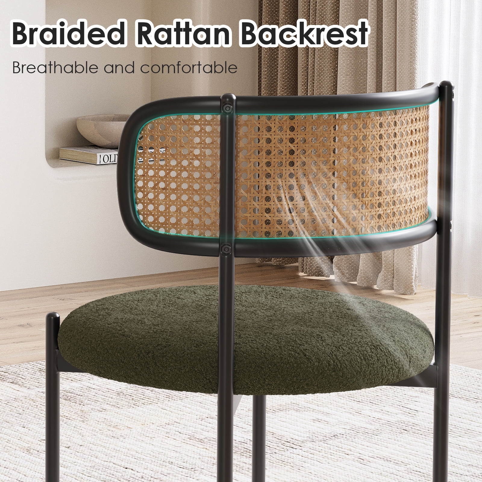 STARY Upholstered Dining Chair Set of 2, Rattan Backrest Kitchen Chair, Green