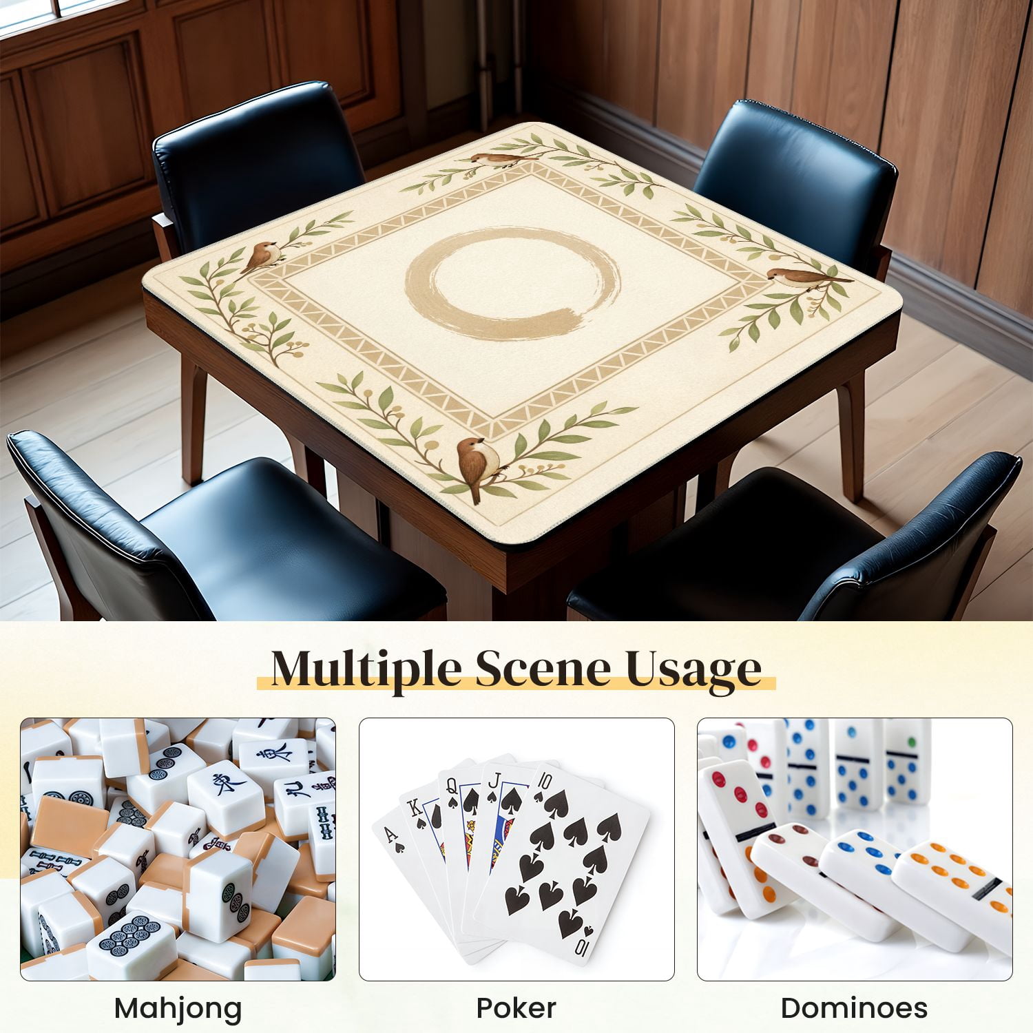 Mahjong Mat 31.5" x 31.5" Whimsical Birds Branches Earthy Tones Non-Slip Noise Reduction Mahjong Tiles Table Cover for Dominoes Poker Card Board and Tile Games