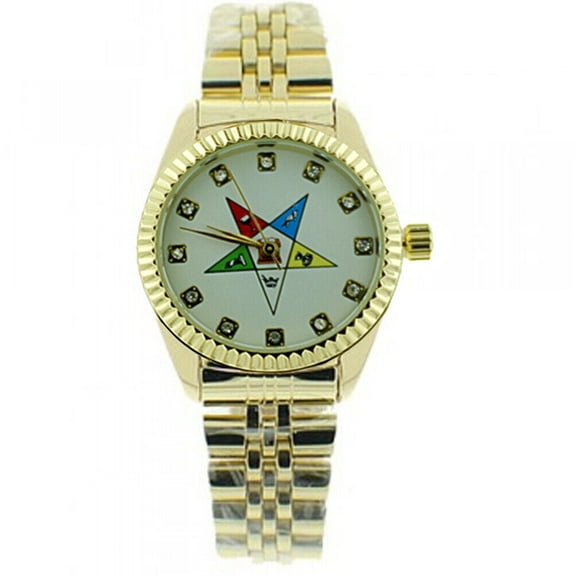 Order of the Eastern Star Masons Watch OES Symbol Gold Tone Steel White CZ
