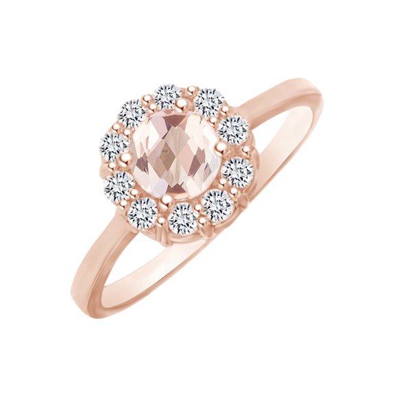 AFFY Round Shape Simulated Morganite & White Natural Diamond Halo Engagement Ring In 14k Solid Rose Gold Ring Size-6