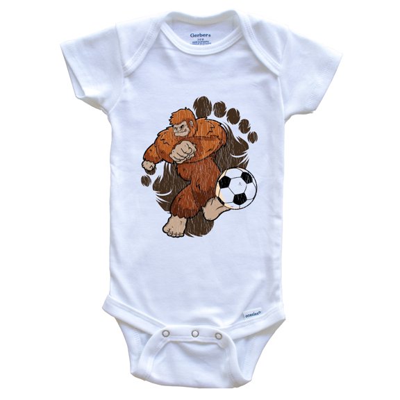 Bigfoot Soccer Baby Bodysuit - Sasquatch Kicking Soccer Ball Baby Bodysuit, 0-3 months white