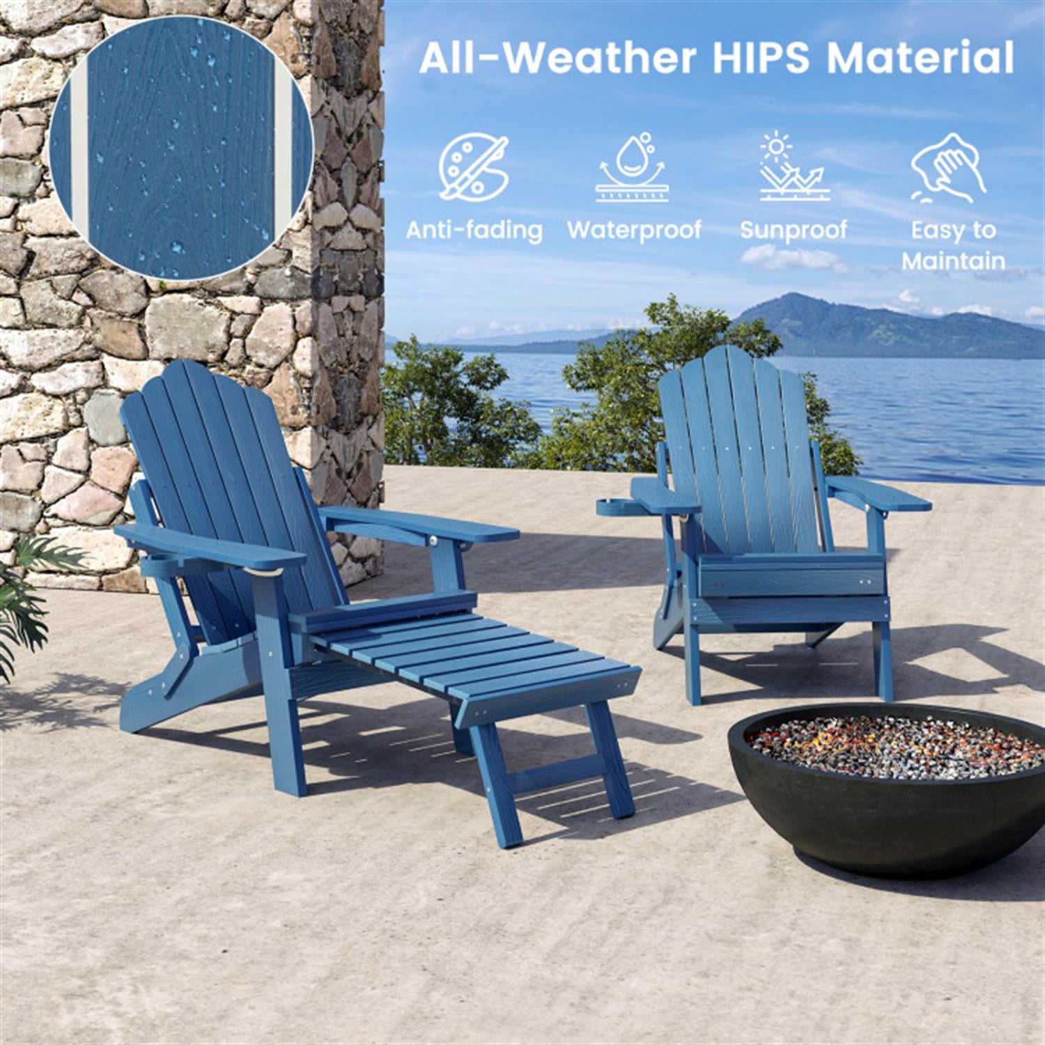 Demi Bonn All-Weather HIPS Patio Adirondack Lounge Chair with Retractable Footrest, Outdoor Accent Furniture Lounge Chairs for Yard, Garden, Blue