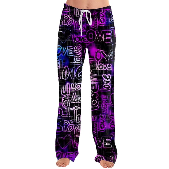 QHRMKOG Women Valentine's Day Pajama Pants Comfort Love Heart Print Pj Pants Loose Fit Drawstring Elastic Waist Pajamas Pant Casual Pants with Pockets Purple L