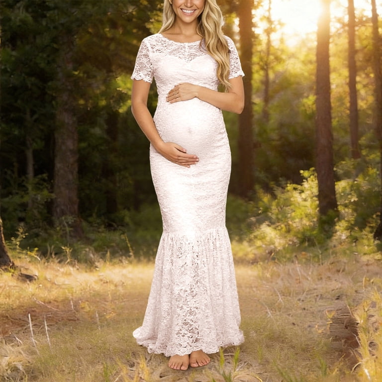 white lace bodycon maternity dress Formal for Wedding Guest Bridesmaid Baby Shower, Short Sleeve Full Stretchy Evening Gown Beaded Neckline
