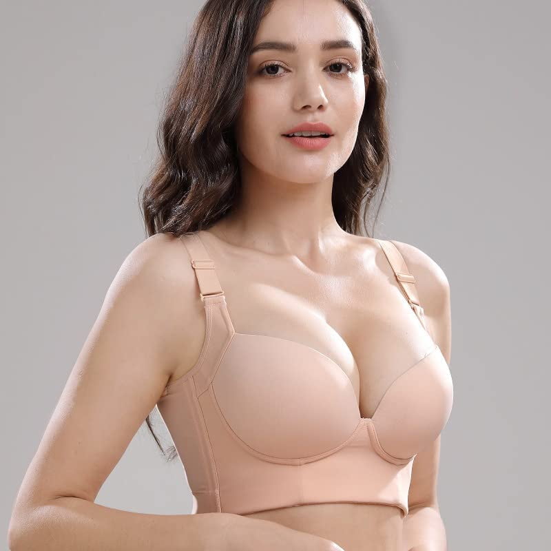 Full Back Coverage Bras for Women, Fashion Deep Cup Hide Back Fat Bra with  Shapewear Incorporated Push Up Sports Bras (Color : Beige, Size : 40G)