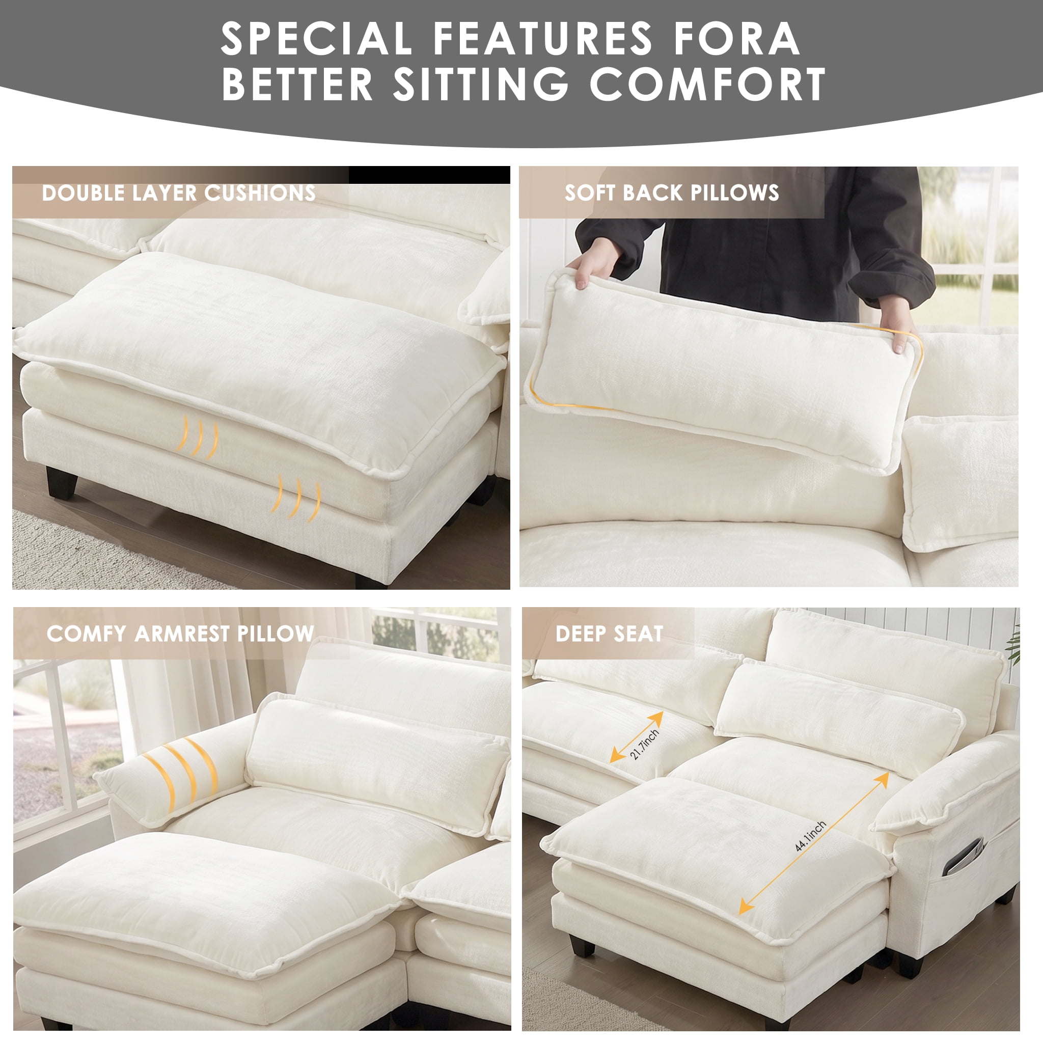 AISWORD 157" U Shaped Cloud Couch Sectional, Oversized Modular Sofa with USB Charging, Hidden Storage, Cup Holders & Double Chaise for Living Room, Beige
