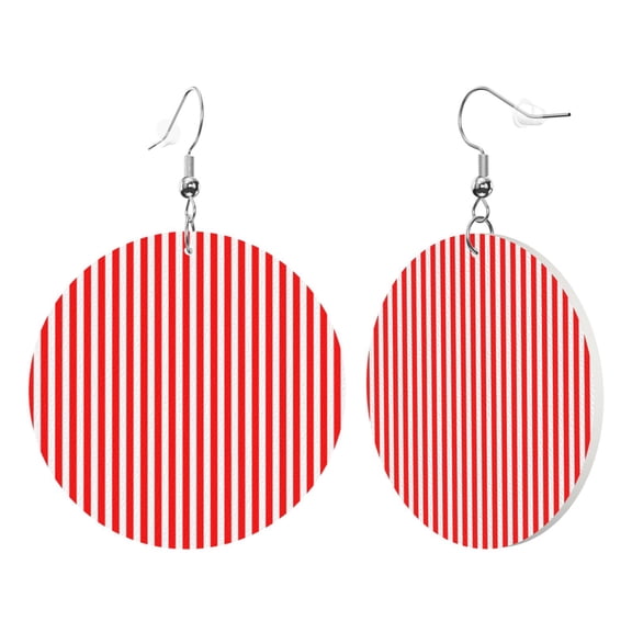 Round Leather Earrings For Women Red White Vertical Stripe Drop Earrings Lightweight Dangle Earrings