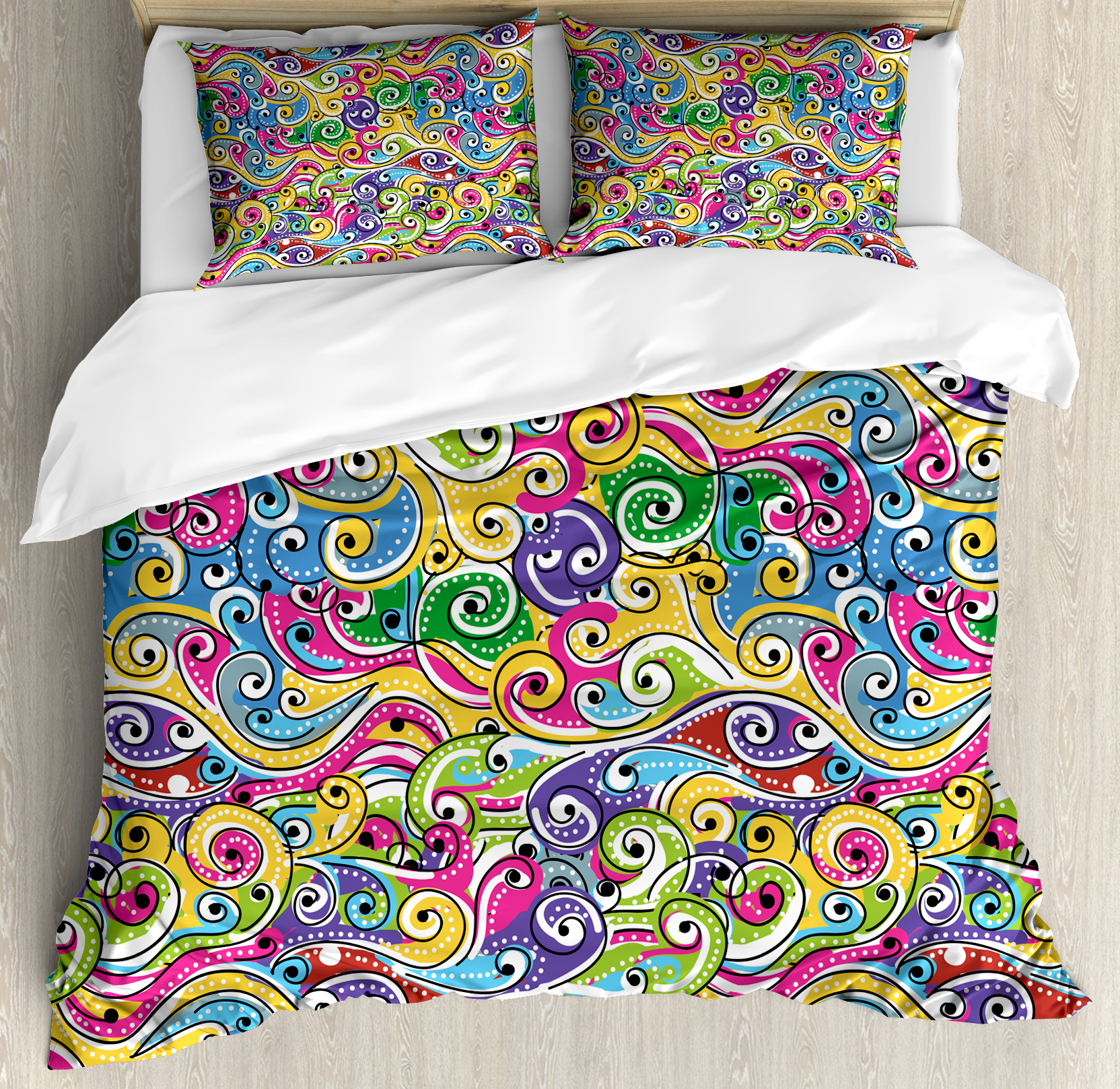 Wave King Size Duvet Cover Set, Funky Colored Curves with Spiraling