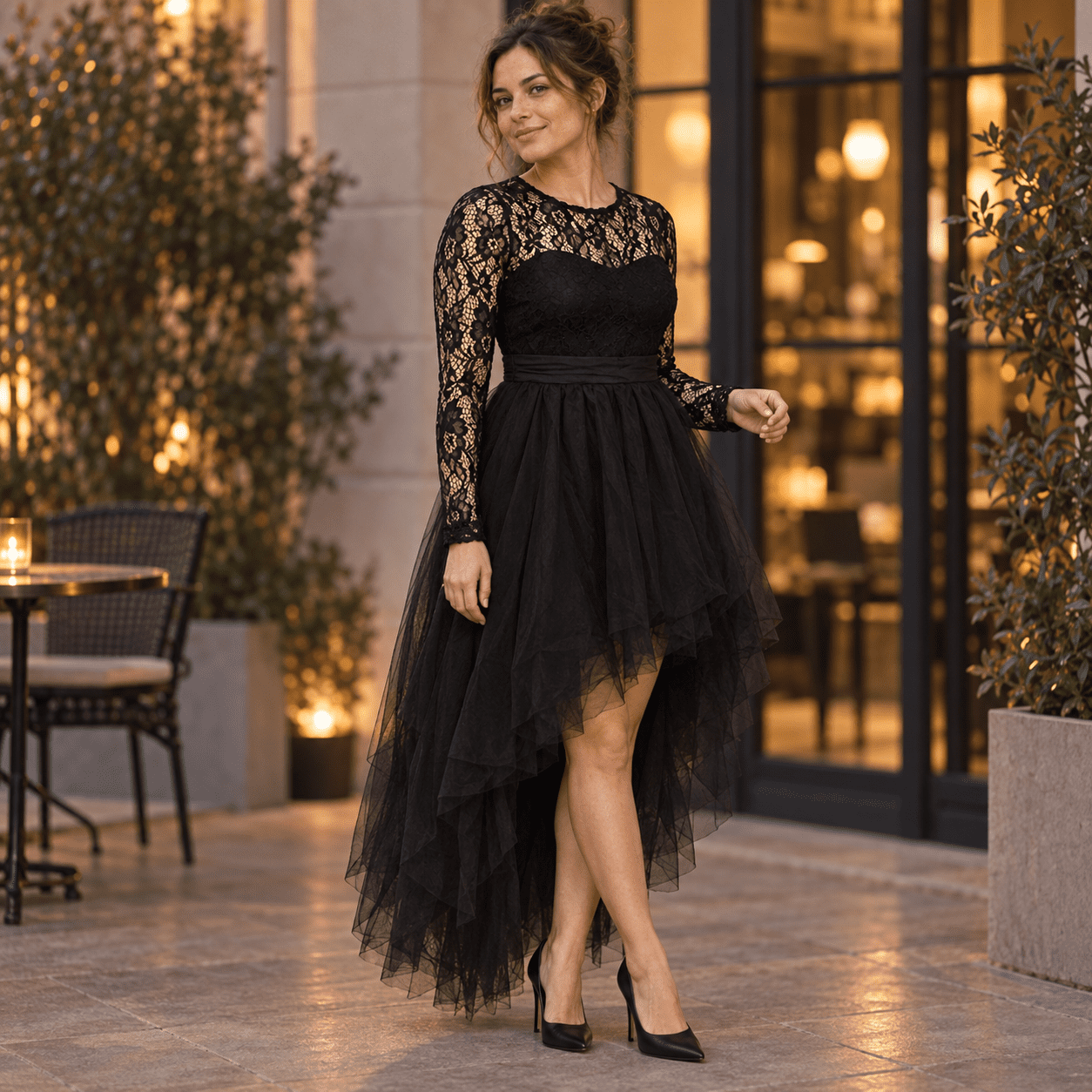 Plus Size Women High Low Tulle Prom Dress Long Sleeve Hollow Floral Lace Ruched Waist Ruffle Tiered Evening Party Gown
