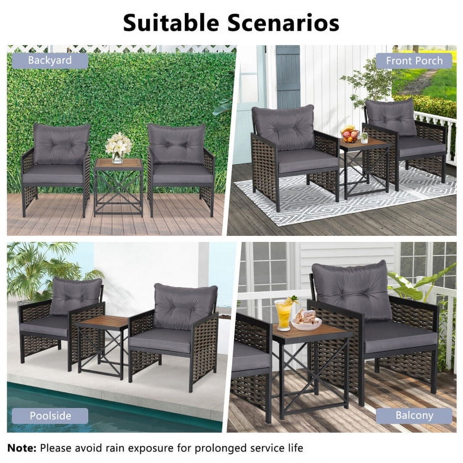 Aimee Lii 3 Piece Patio Rattan Furniture Set with Acacia Wood Tabletop, Backyard Furniture, Gray