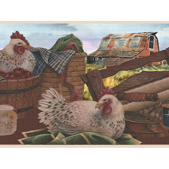 Dundee Deco's Peel and Stick Wallpaper Border - Nature White Brown Green Chickens Wall Border Retro Design, 15 ft x 7 in (4.57m x 17.78cm), Self Adhesive