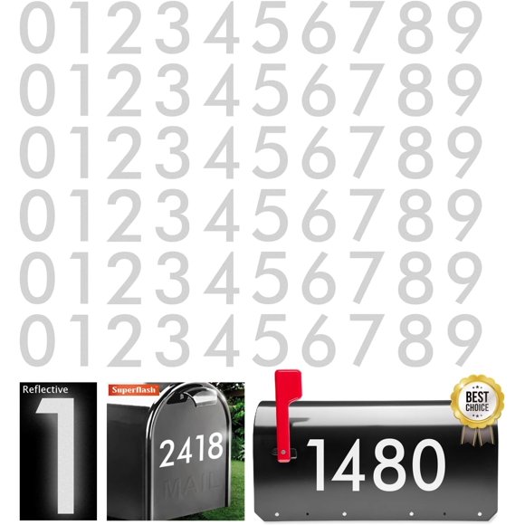 shiyou-3 inch Reflective Mailbox Numbers for Outside Sticker, Modern Mailbox Number (0-9, 6 Sets) Premium Decal Die Cut and Pre-Spaced - for House, Trash Cans - Self Adhesive Numbers