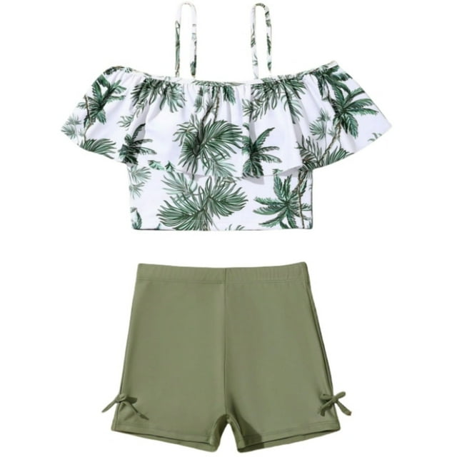 TBWNWG Girls Two Piece Swimsuit High Waist Bikini Set With Matching Cover Up For Beach,Size 7-8 Years