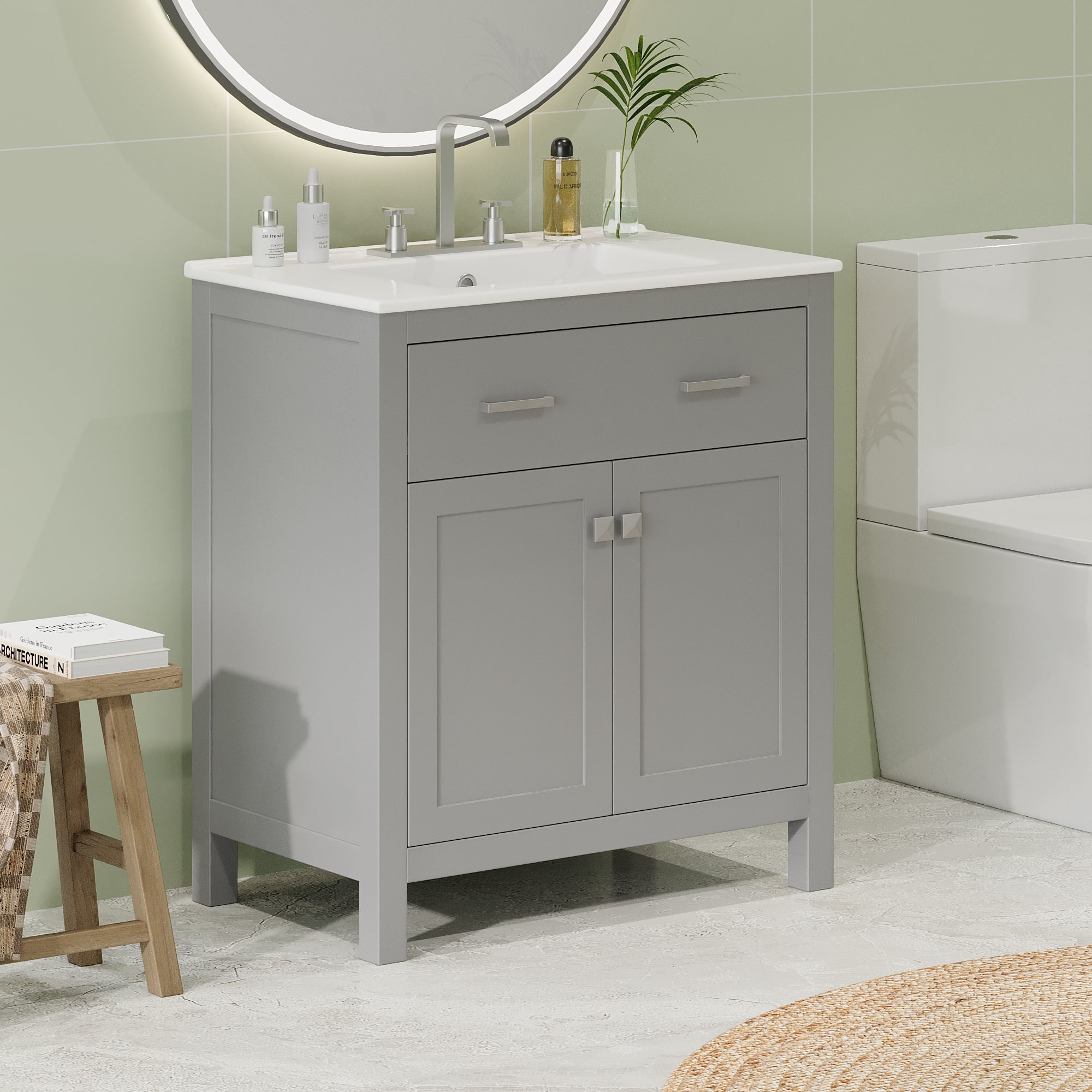 Euroco 30" Bathroom Vanity with Ceramic Sink – Solid Wood Frame, Soft-Close Doors, U-Shaped Adjustable Shelf,Compact Storage Cabinet for Small Bathrooms