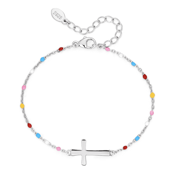 HESHPAWS S925 Sterling Silver Cross Bracelet for Women ,Adjustable Colorful Drip Oil Cross Bracelet with Gift Box,silver