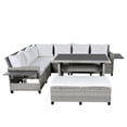 thumbnail image 4 of MAYEERTY 5-Piece Outdoor Patio Rattan Sofa Set with Dining Table, Extendable Side Tables, Washable Cushions, PE Wicker Sectional Furniture for Backyard or Poolside, 4 of 9