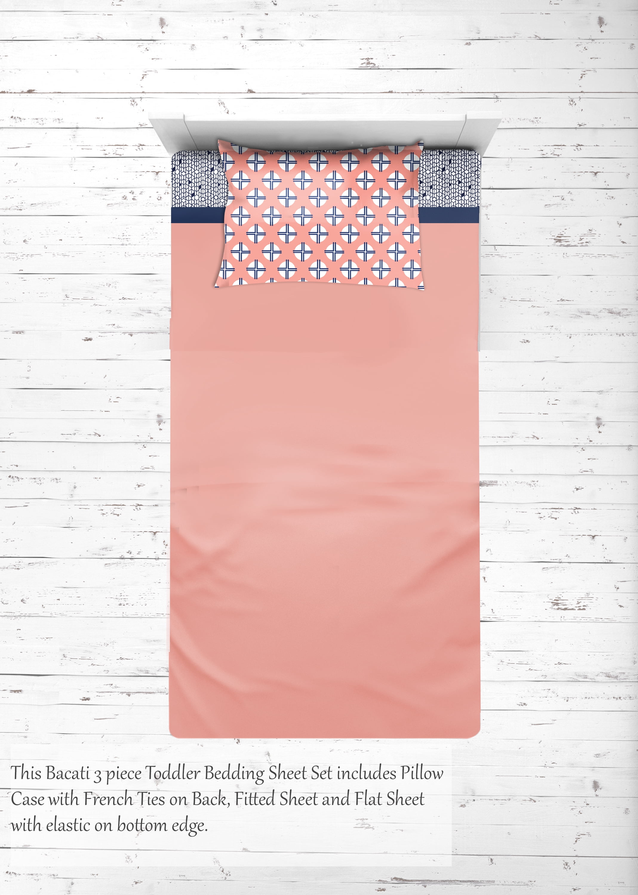 Bacati - Olivia Tribal 3-Piece 100% Cotton Percale Toddler Sheet Set, Coral/Navy