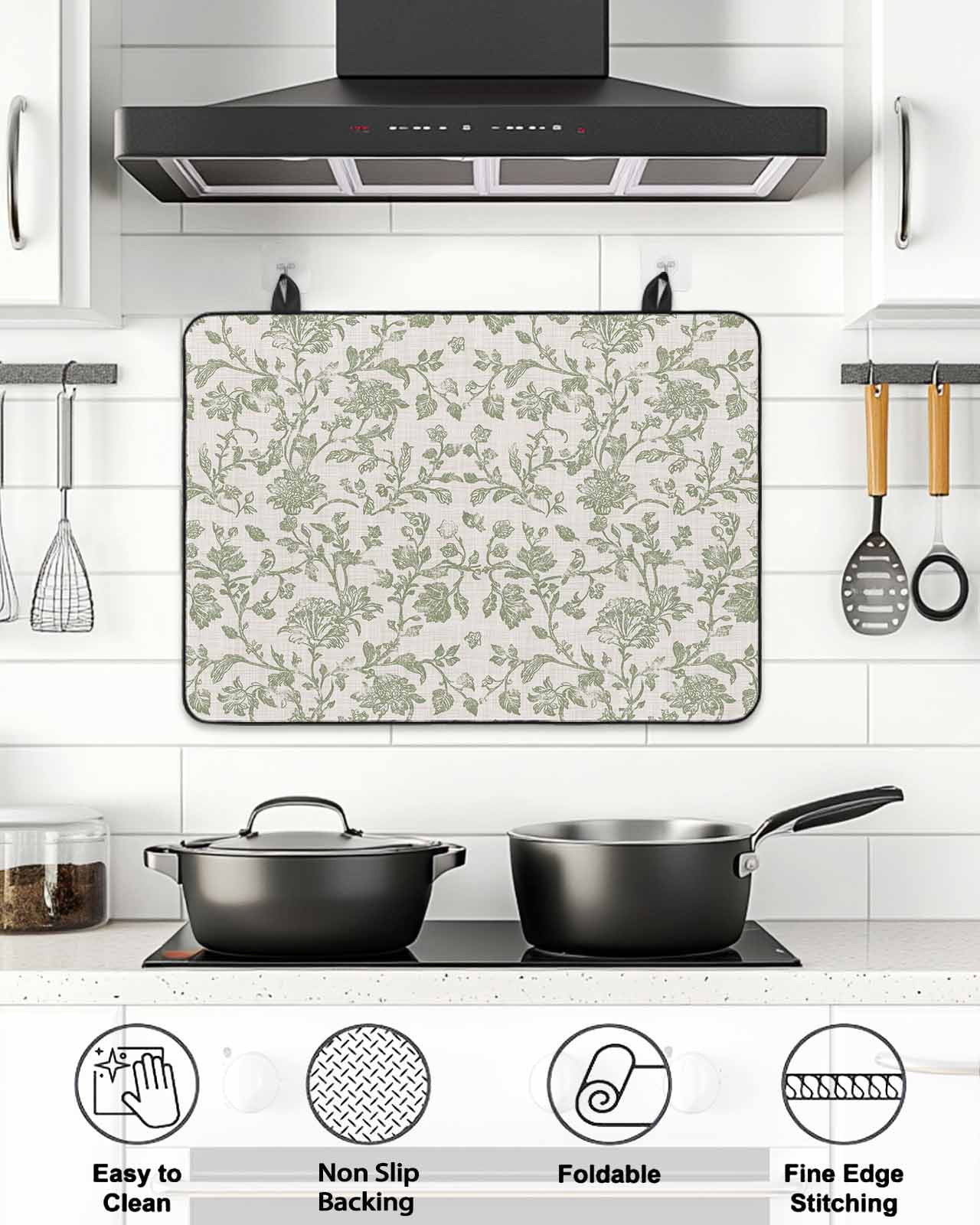 Stove Top Covers for Electric Stove, Farmhouse Sage Green Glass Stovetop Cover Protector, Vintage Flower Leaf Botanical Induction Cooktop Protector Oven Mat for Kitchen Countertop 31"x24"