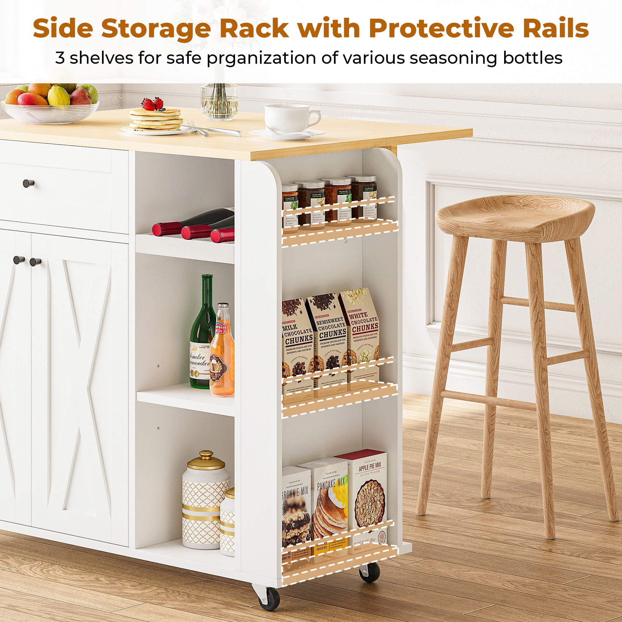 IRONCK Rolling Kitchen Islands Cart on Wheels with wine rack, folding tabletop, 1 drawer, 2 cabinets, 3 open shelves, and towel rack，White