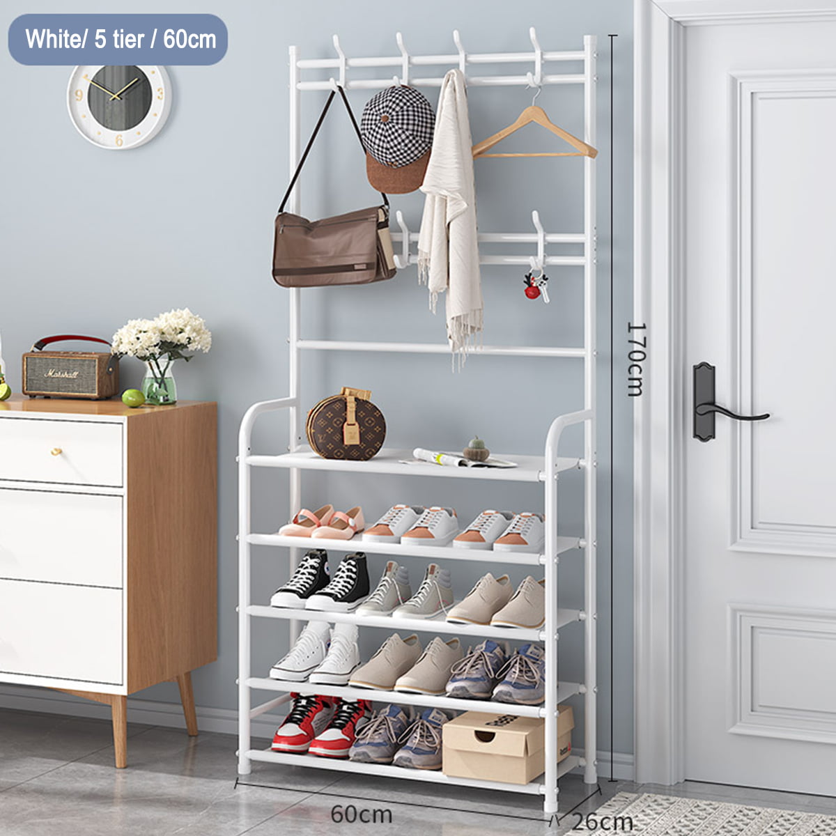 Practical Shoes Shelf,with 5-Tier and 8 Hooks,Storage for Living Room,Bedroom,Hallway UDEAR Entryway Coat Rack