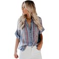 thumbnail image 1 of Women's V Neck Stripes Roll up Sleeve Button Down Shirt, 1 of 6