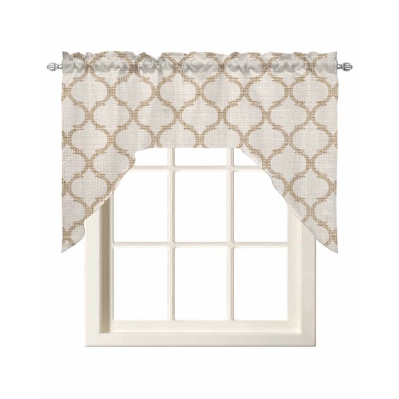 Beige Moroccan Swag Valances for Windows, Small Curtains Drapes, Morocco Geometric Quatrefoil Lattice Kitchen Window Curtains Over Sink Window Treatment Valance for Bedroom/Bathroom 56"x36"