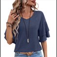 thumbnail image 3 of Camiseta de Corta con Volantes para Mujer, Cuello en V, Acampanada de Doble Capa Azul Marino XXL, 3 of 9